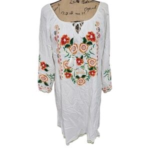 Embroidered Dress Floral Peasant Tunic Boho Hippie White Dress Size‎ 3X